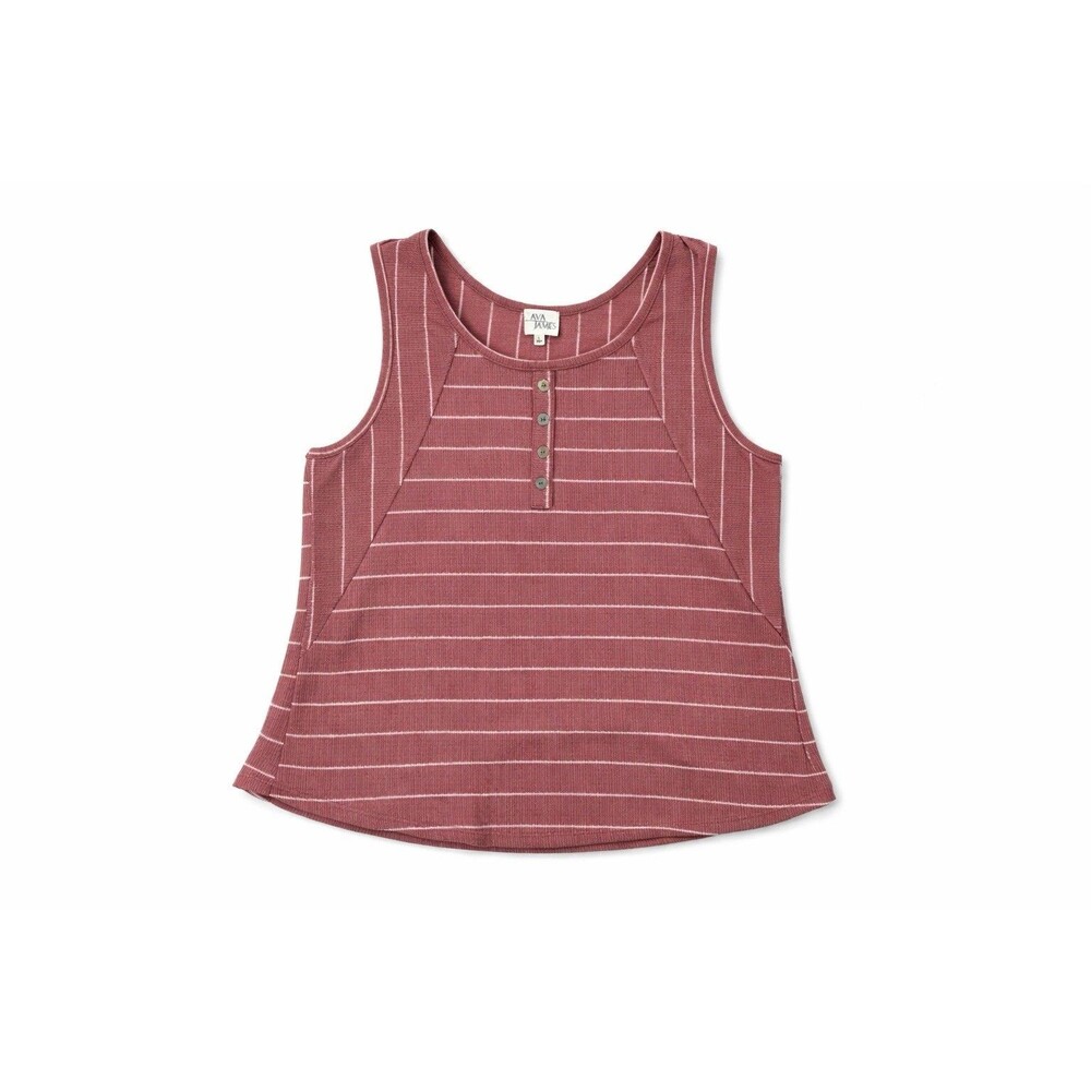 Striped Ribbed Henley Tank Button Front Coastal Boho Casual Top - Picture 2 of 6